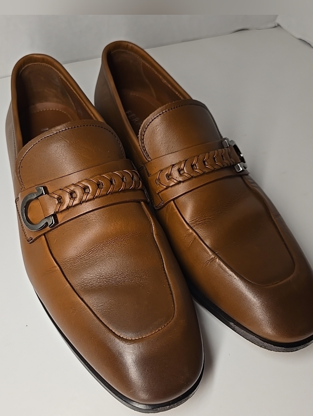 Ferragamo Gancini Ornament Loafers Brown Size 6.5 EE EUC Made In Italy